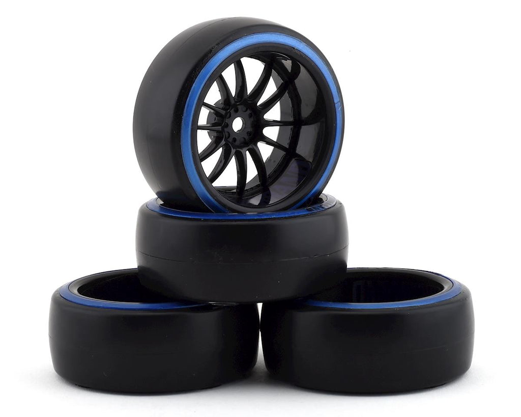 Firebrand RC Char D29B Pre-Mounted 2-Piece Slick drift Tires (4) (Black/Blue) w/D2 Tires, (FBR1WHECHR947)