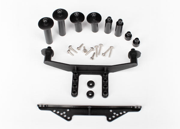 Traxxas Body mount, front & rear (black)/ body posts, 52mm (2), 38mm (2), 25mm (2), 6.5mm (2)/ body post extensions (4)/ hardware