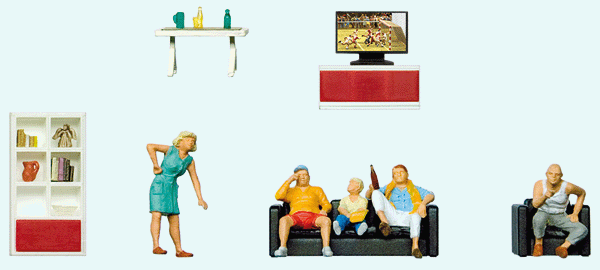Family Watching Television -- 5 Figures & Living Room Furniture