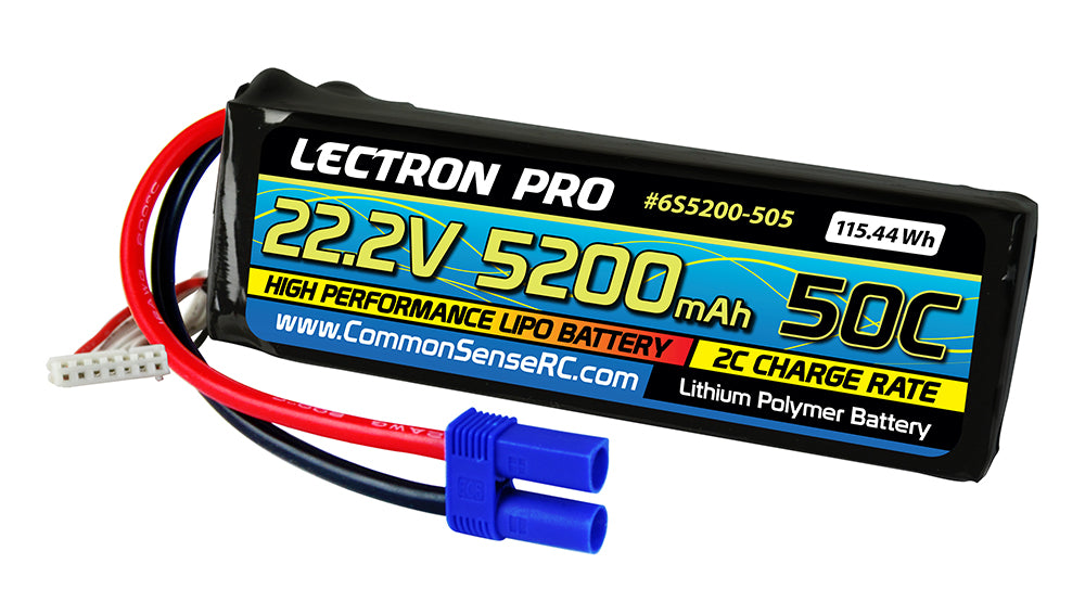 Lectron Pro 22.2V 5200mAh 50C Lipo Battery with EC5 Connector for Large Planes, Helis, Quads & 1/8 Trucks    (6S5200-505)