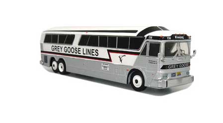 MCI MC-7 Challenger Motorcoach Bus - Assembled -- Grey Goose (silver, white, black, red)