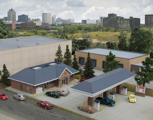 Modern Gas Station -- Kit - Main Building: 5-3/4 x 3-5/8 x 1-3/4" 14.6 x 9.2 x 4.4cm