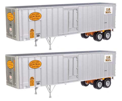 Walthers Flexi-Van 40' Trailer 2-Pack - Assembled -- New York Central #3 (Yellow Logo; U.S. Mail Placards, End Doors)   (949-2608)