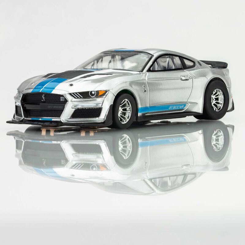 Ho Ford Mustang GT500KR Mega G+ Slot Car, Silver & Blue