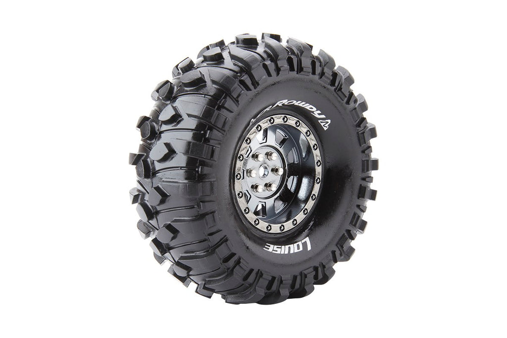 Louise R/C CR-Rowdy 1/10 1.9" Crawler Tires, 12mm Hex, Super Soft, Mounted on Black Chrome Rim, Front/Rear (2)   (LOULT3233VBC)