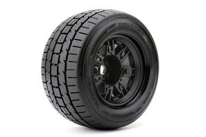 Trigger 1/8 Monster Truck Tires Mounted on Black Wheels, 0" Offset, 17mm Hex (1 pair)  (ROPR4002-BO)