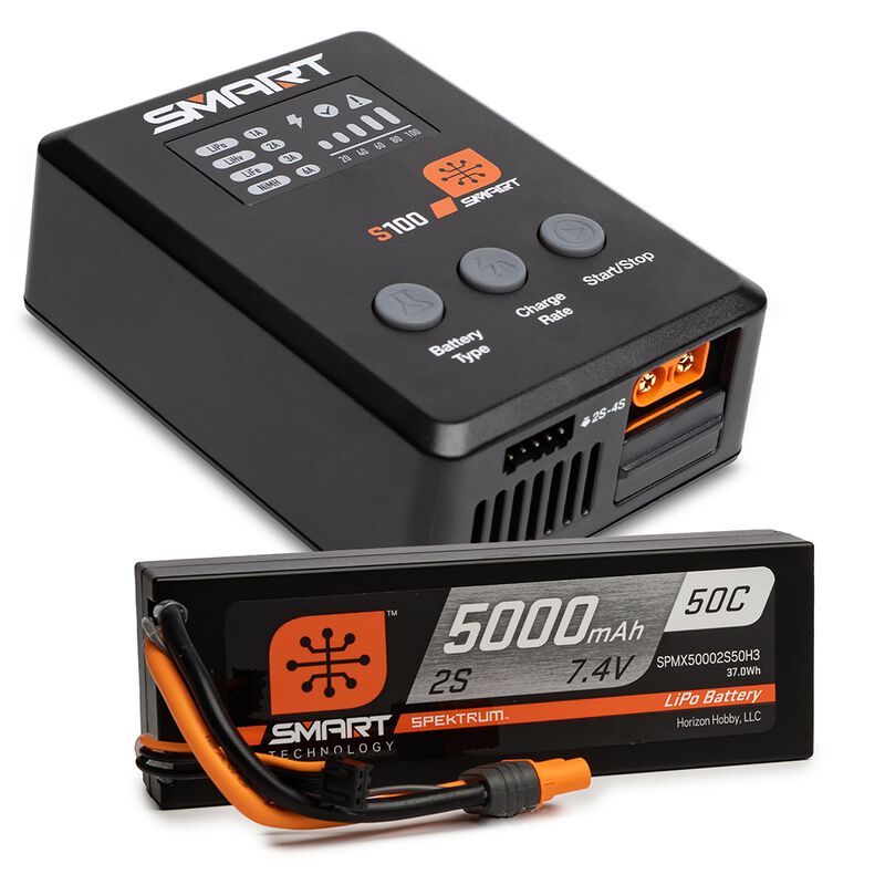 Spektrum Smart Powerstage Surface Bundle: 5000mAh 2S 50C LiPo Battery (IC3) / 100W S100 Charger (SPMX-1031)