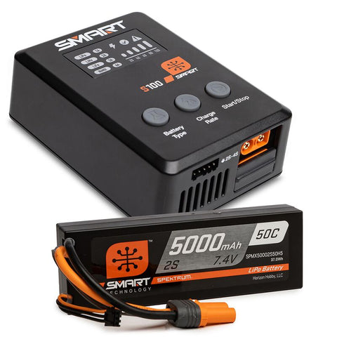 SpektrumSmart Powerstage Surface Bundle: 5000mAh 2S 50C LiPo Battery (IC5) / 100W S100 Charger (SPMX-1032)