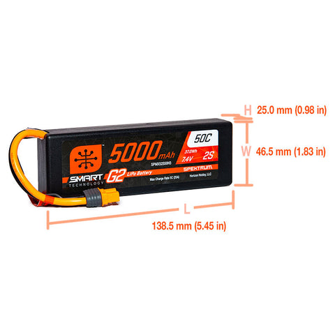 Spektrum 7.4V 5000mAh 2S 50C Smart LiPo G2 Hard Case: IC3  (SPMX52S50H3)